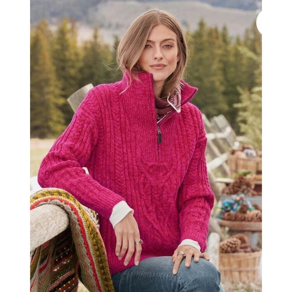 Sundance Pink Chunky Cable Knit Half Zip Mock Neck Sweater Size M Boho